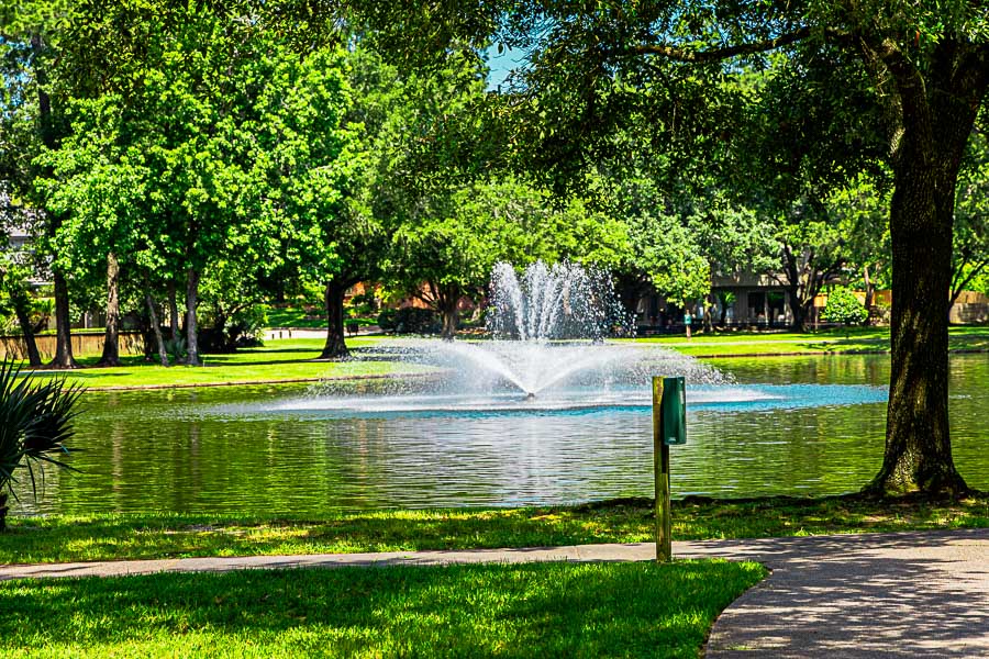 Greenbelt pond + fountain, Kingwood Houston real estate